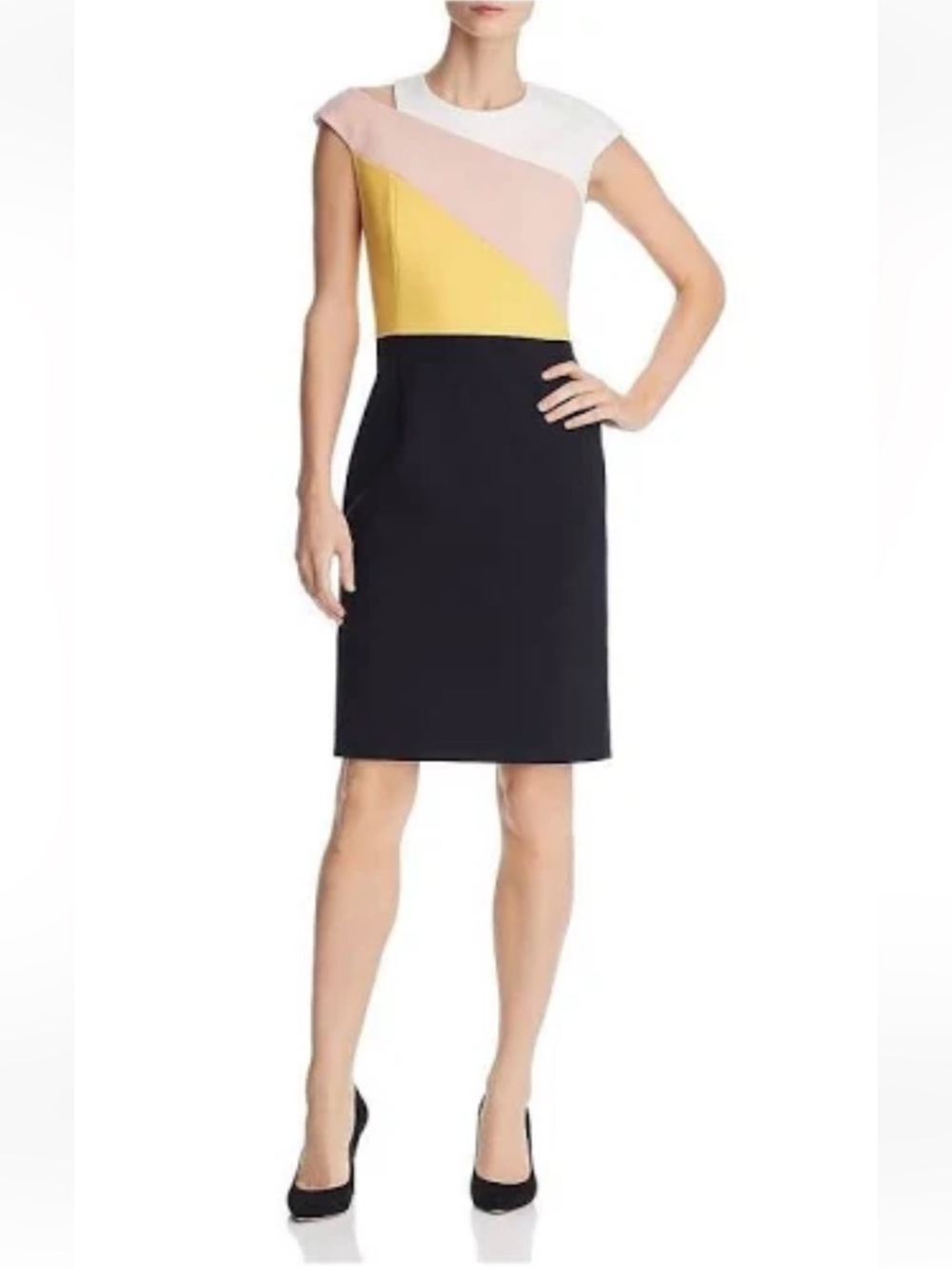 NWOT Hugo Boss Colorblock Sheath Dress in White, Blush, Yellow & Black